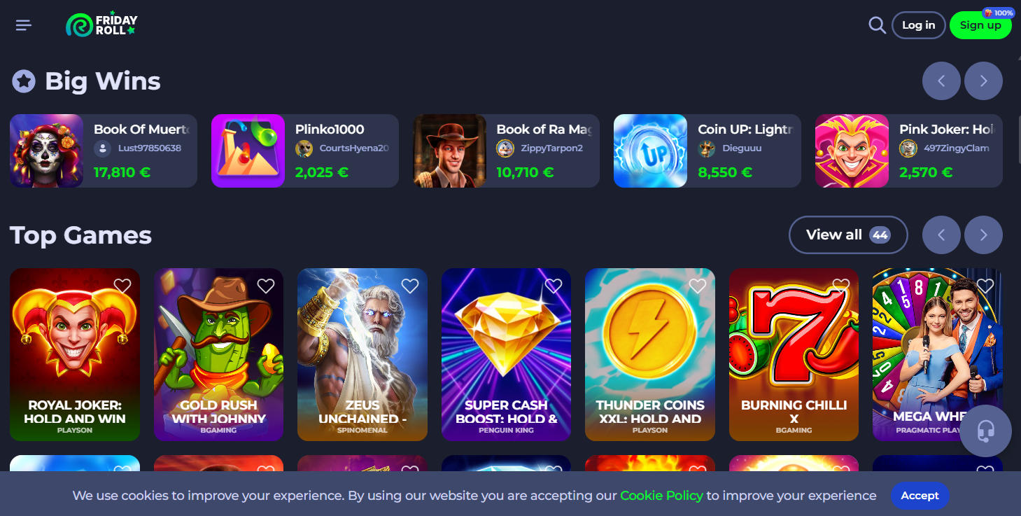 FridayRoll Casino | €20 Bono Bienvenida + 50 Giros Gratis