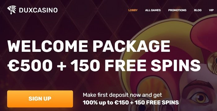 Dux Casino 20 FS no deposit + 100% bonus + 150 free spins