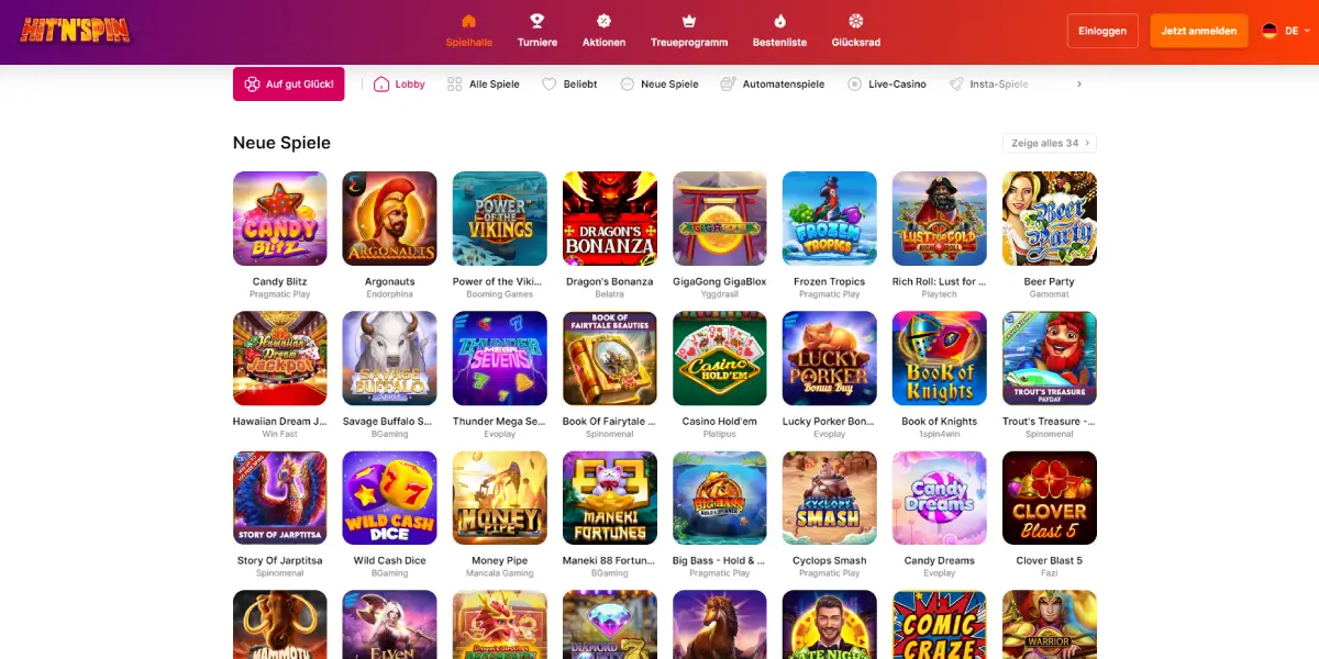 Hit’n’Spin Casino 25 € ohne Einzahlung oder 50 Free Spins Bonus