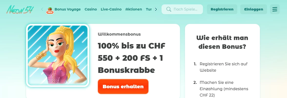Neon54 Casino Schweiz 2025 » CHF 550 Bonus + 200 Spins!