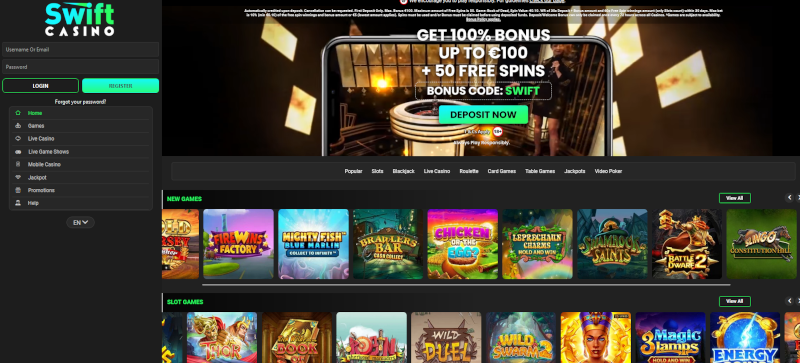 Bono Swift Casino de bienvenida - 100% hasta 100€ y 50 giros