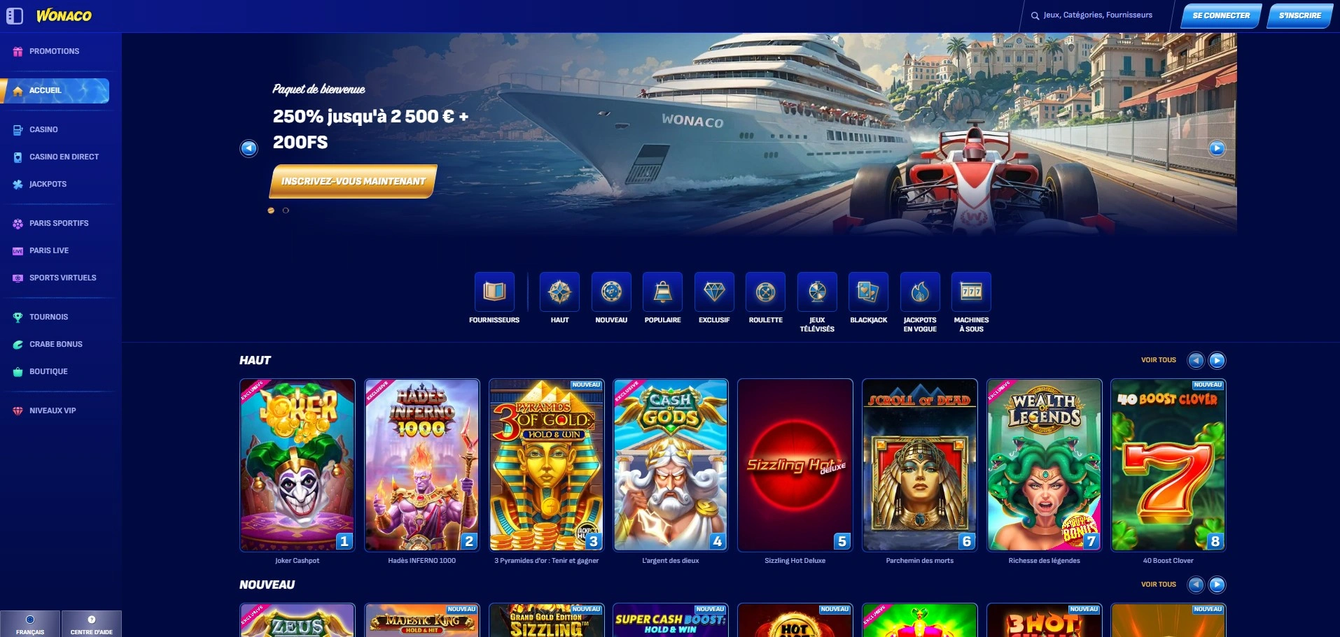 Wonaco Casino | 100% jusqu'à 500€ + 200 tours gratuits offerts